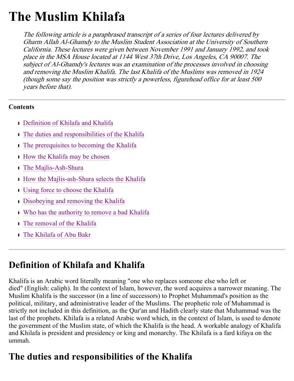The Muslim Khilafa Booklet, A comprehensive guide and analysis of the Khilafa in Islam